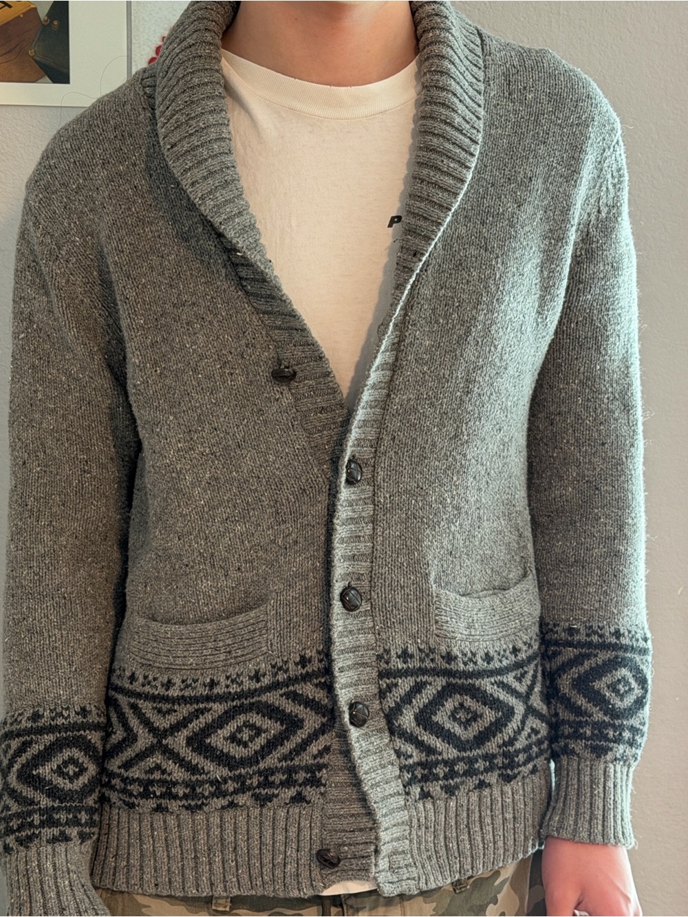 Merona Gray Shawl Collar Cardigan with Geometric Trim